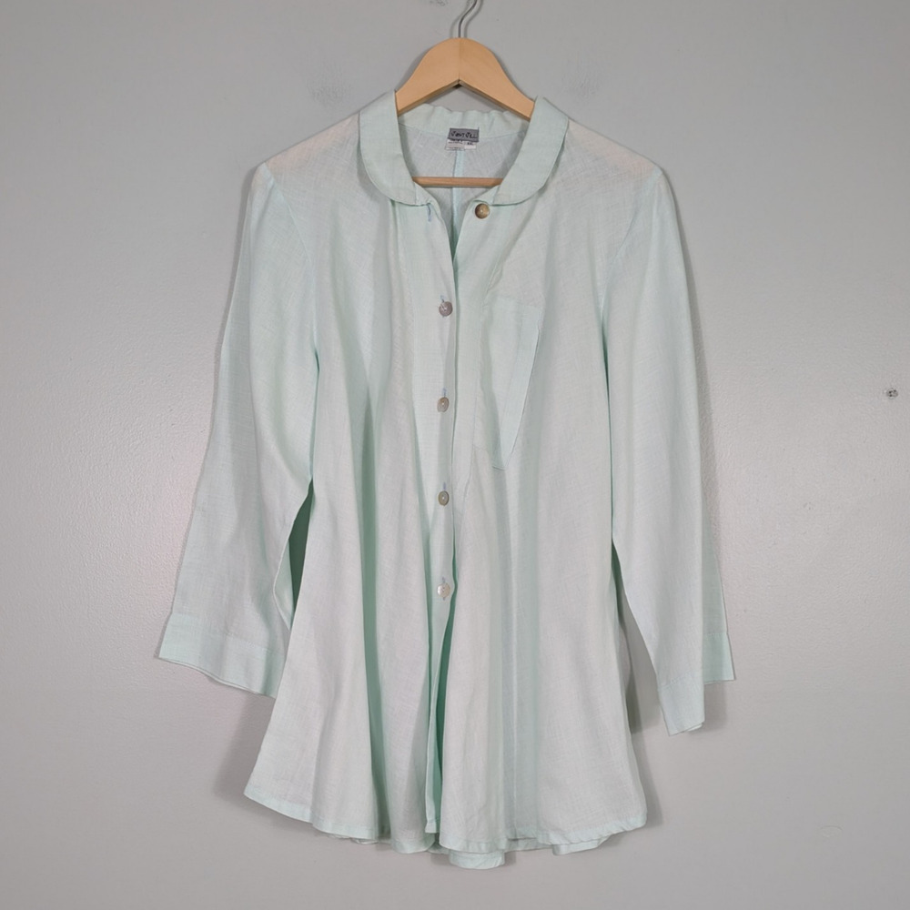 Vtg Long Sleeve Linen Button Top Tunic Shirt XXL Aqua Blue Lagenlook USA Minimal